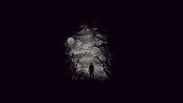 silhouette of a man photo, dark, forest, minimalism, artwork, Moon, fantasy art, HD wallpaper