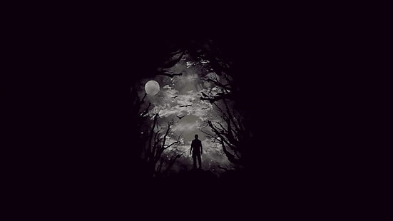 silueta de una foto de hombre, oscuro, bosque, minimalismo, obra de arte, Luna, arte de fantasía, Fondo de pantalla HD HD wallpaper