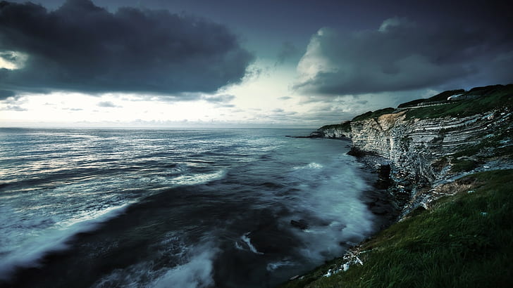mar, nuvens, costa, penhasco, natureza, HD papel de parede