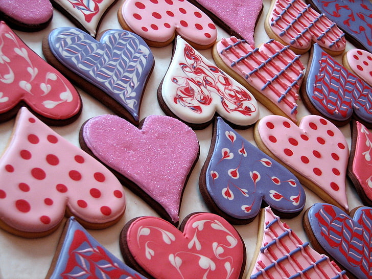 cookies, heart, pink, icing, Valentine's Day, HD wallpaper