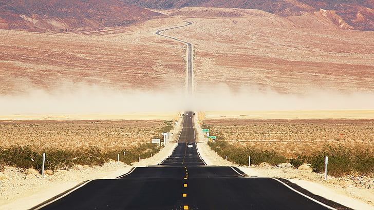 национален парк долина на смъртта, 5k uhd, инфраструктура, долина на смъртта, САЩ, 5k, планина, САЩ, пейзаж, Калифорния, национален парк, пътуване, хоризонт, сутрин, магистрала, път, пустиня, HD тапет