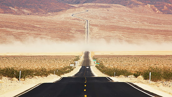 национален парк долина на смъртта, 5k uhd, инфраструктура, долина на смъртта, САЩ, 5k, планина, САЩ, пейзаж, Калифорния, национален парк, пътуване, хоризонт, сутрин, магистрала, път, пустиня, HD тапет HD wallpaper