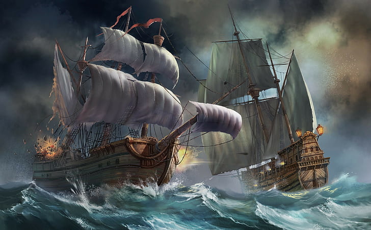 Kapal, Laut, Badai, Ledakan, Wallpaper HD