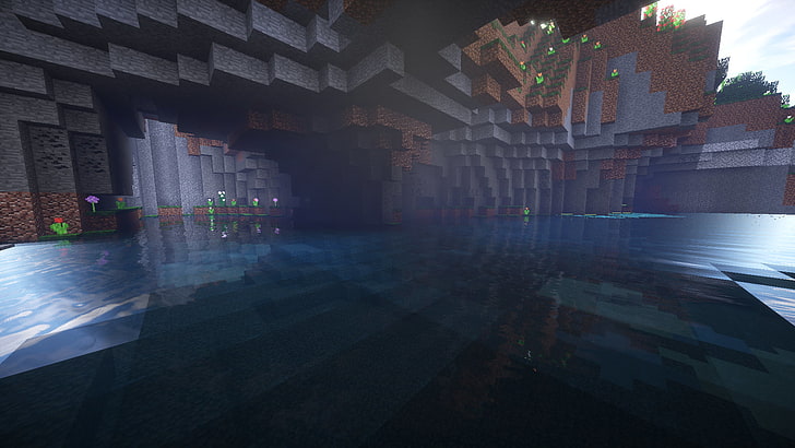 Minecraft application screenshot, Minecraft, water, sea, cave, Sun, HD wallpaper