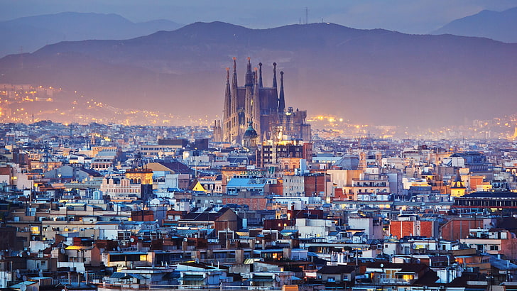 barcelona, dusk, spain, europe, cityscape, metropolitan area, morning, down, skyline, metropolis, sky, town, downtown, HD wallpaper