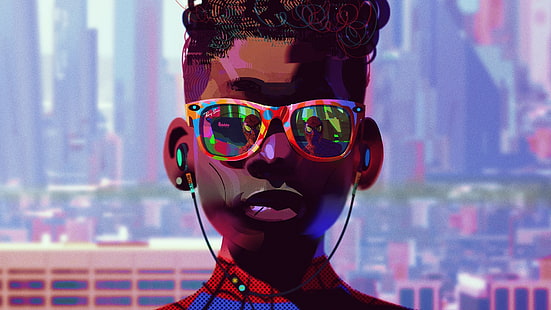 Spider-Man ، Spider-Man: Into the Spider-Verse ، مايلز موراليس ، نظارات شمسية ، انعكاس ، عمل فني ، فن رقمي، خلفية HD HD wallpaper