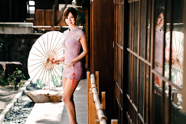 guarda-chuva, vestido, menina oriental, chingcho Chang, HD papel de parede