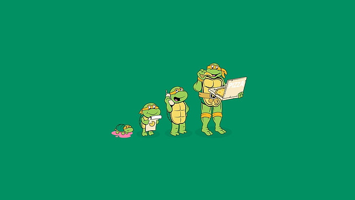 Иллюстрация персонажа TMNT, черепашки-ниндзя, минимализм, пицца, юмор, зеленый фон, HD обои