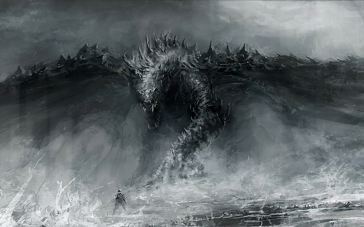 pintura en escala de grises del monstruo marino, arte de fantasía, dragón, Fondo de pantalla HD
