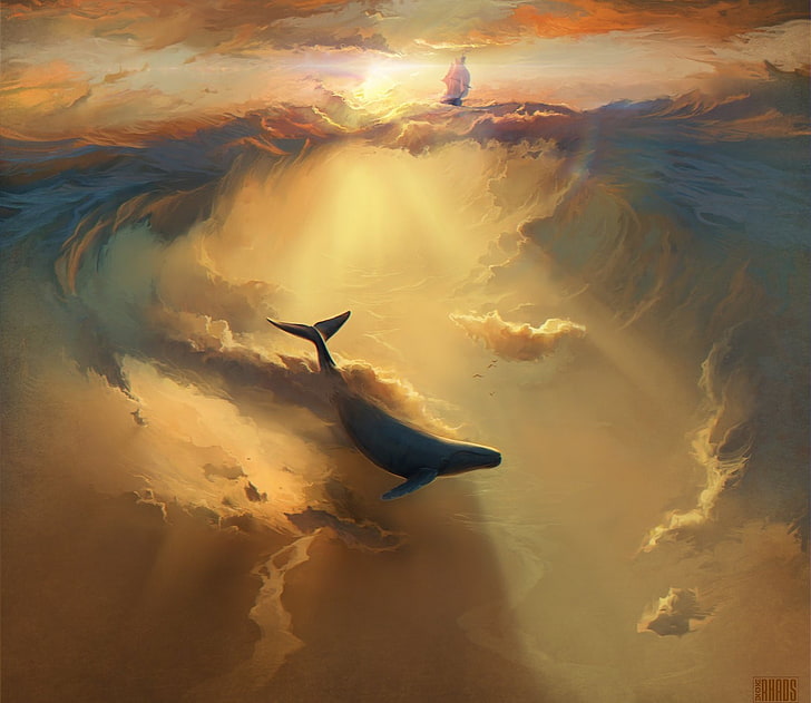 wale dengan ilustrasi gelombang, seni digital, menggambar, langit, terbang, kapal, Wallpaper HD