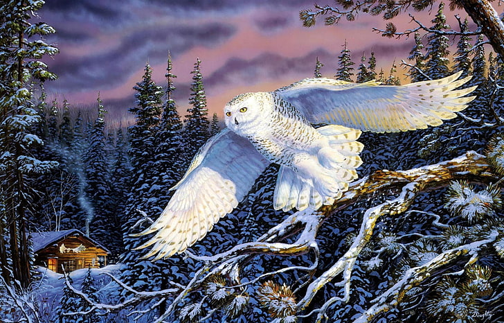 белая и серая снежная сова, зима, лес, природа, сова, пейзажи, ели, хижина, живопись, снежная сова, Шепот на ветру, Терри Даути, HD обои
