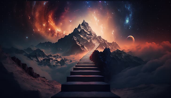 AI art, illustration, mountains, stairs, clouds, galaxy, HD wallpaper