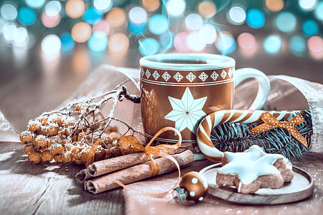  Food, Coffee, Candy Cane, Christmas, Cinnamon, Cup, Drink, Gingerbread, Spices, Still Life, HD wallpaper HD wallpaper