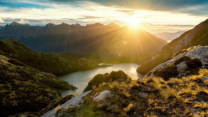 พระอาทิตย์ขึ้น, ทะเลสาบ, ฟิออร์ดแลนด์, อุทยานแห่งชาติ, นิวซีแลนด์, ภูเขา, วอลล์เปเปอร์ HD
