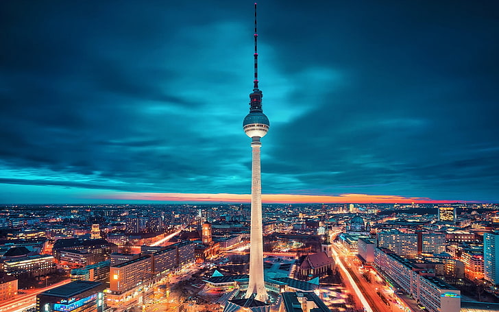 Oriental Pearl Tower China, cityscape, lights, tower, Berlin, clouds, night, Germany, blue, city lights, evening, HD wallpaper