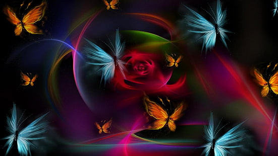 arte digitale, 3d, farfalle, farfalla, fiore, colorato, lucentezza, arte, scintillante, luce al neon, effetti speciali, grafica, effetti visivi, neon, opere d'arte, Sfondo HD HD wallpaper