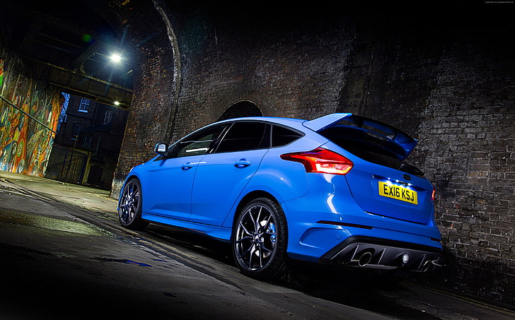 night, hatchback, Ford Focus RS, blue, HD wallpaper