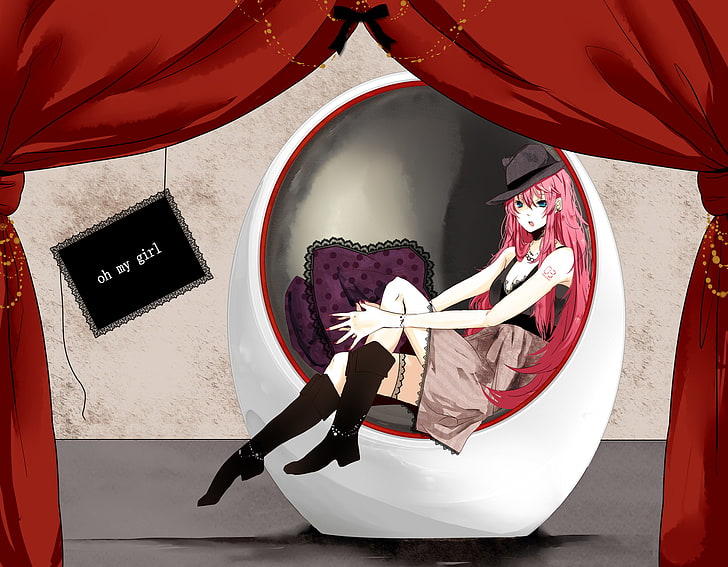 pink haired anime character sitting on egg chair wallpaper, hat, curtains, vocaloid, sitting, Megurine Luka, Megurine Onions, HD wallpaper