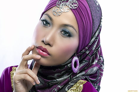 Азиатка, мусульманин, макияж, глаза, губы, женщины, модель, портрет, простой фон, HD обои HD wallpaper