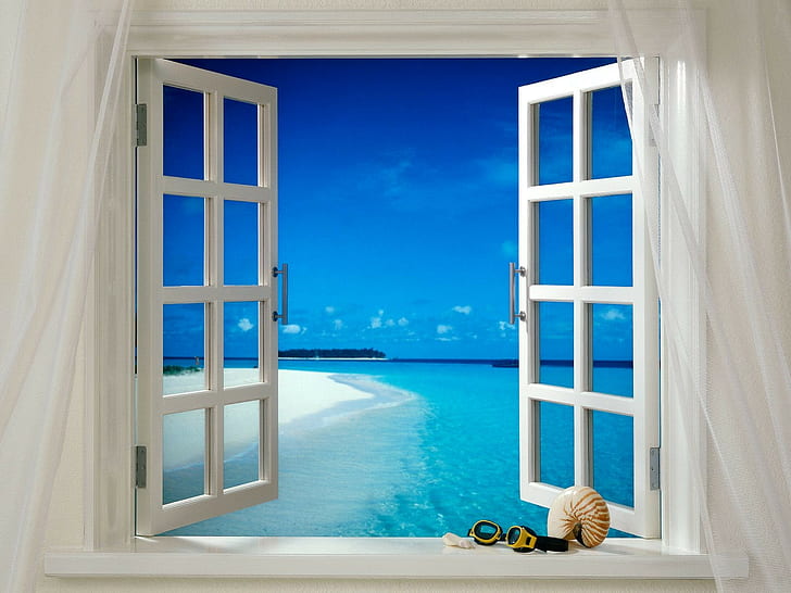 Earth, Ocean, Beach, Goggles, Shell, Window, HD wallpaper