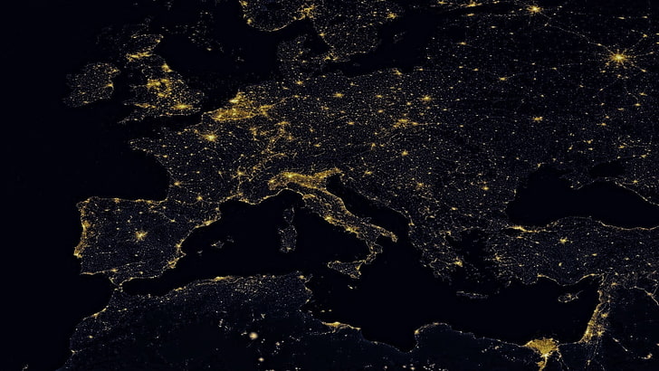 fond d'écran noir et jaune, carte, nuit, Europe, Fond d'écran HD