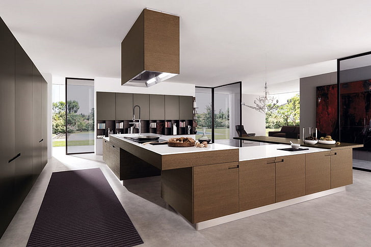 коричневая и белая деревянная кухня остров, дизайн, стиль, вилла, интерьер, кухня, модерн, HD обои