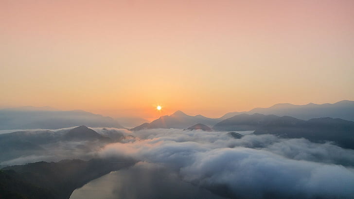 пейзаж природа восход солнца гора облака озеро туман аэрофотоснимок, HD обои