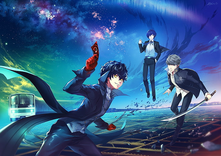 persona 3, protagonist, arisato minato, yuu narukami, swords, sky, train, scenic, Anime, HD wallpaper