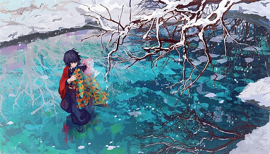  anime, Kimetsu no Yaiba, artwork, Giyu Tomioka (Kimetsu no Yaiba), snow, ice, HD wallpaper HD wallpaper