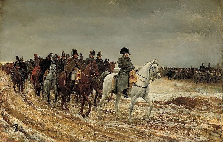 جنود لوحات حيوانات جيش خيول نابليون بونابرت إرنست ميسونييه حملة 1814 في فرنسا حيوانات خيول فنون عالية الدقة ، جنود ، لوحات، خلفية HD