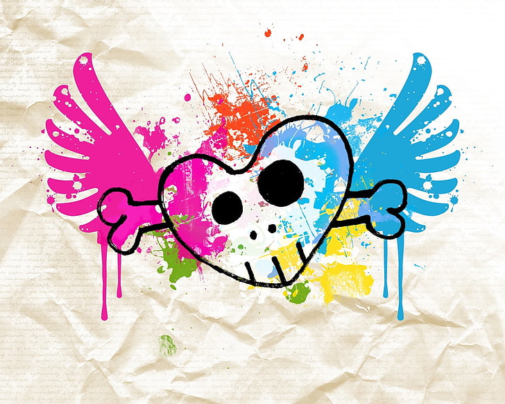 multicolored winged skull heart illustration, heart, skull, colorful, leaf, crumpled, HD wallpaper