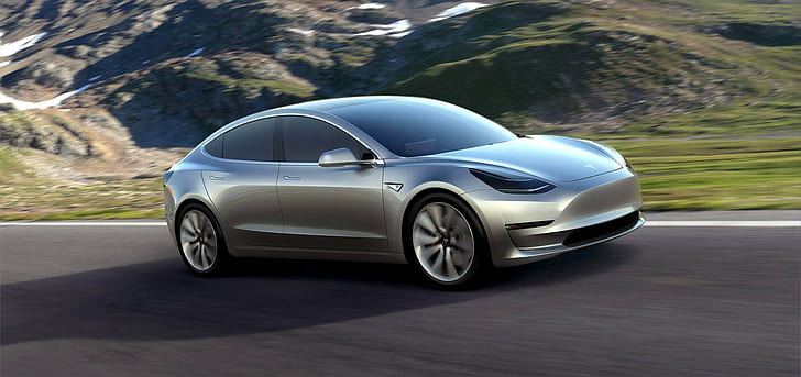 Tesla Motors、モデル3、電気自動車、山、道路、 HDデスクトップの壁紙