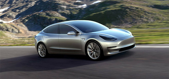 Tesla Motors, modello 3, auto elettrica, montagne, strada, Sfondo HD HD wallpaper