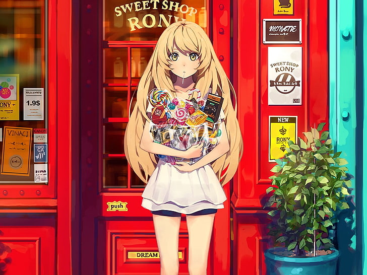 gadis anime, rambut panjang, pirang, permen, permen lolipop, yohan12, Wallpaper HD