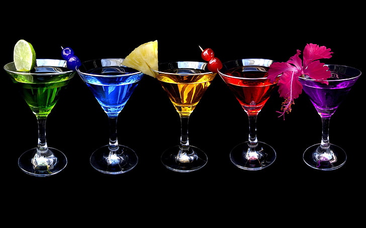 fem cocktailglas, cocktails, färgglada, frukt, dricksglas, HD tapet