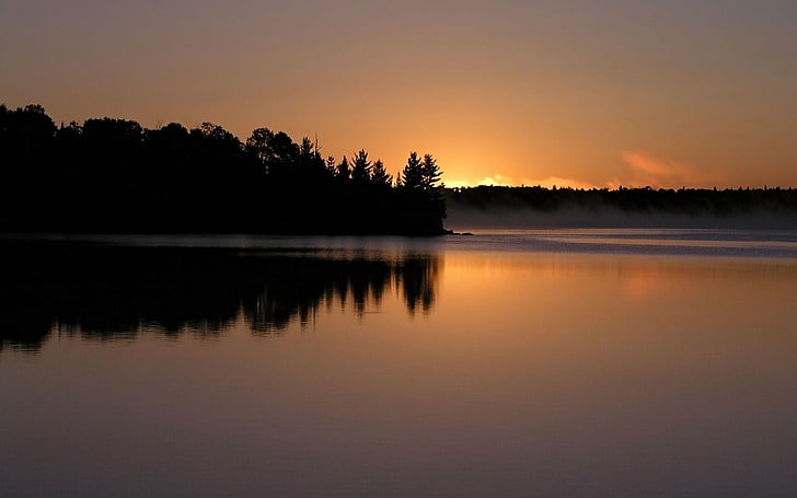 landscape, sunset, forest, lake, HD wallpaper