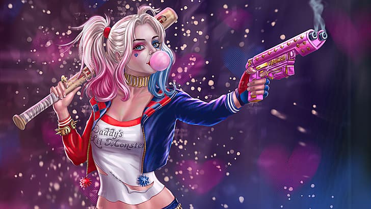 Harley Quinn, machine gun, DC Comics, baseball bat, bubble gum, HD wallpaper