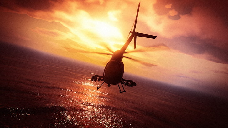 helicóptero negro, Grand Theft Auto V, Grand Theft Auto Online, Rockstar Games, helicópteros, Océano Pacífico, puesta de sol, Fondo de pantalla HD