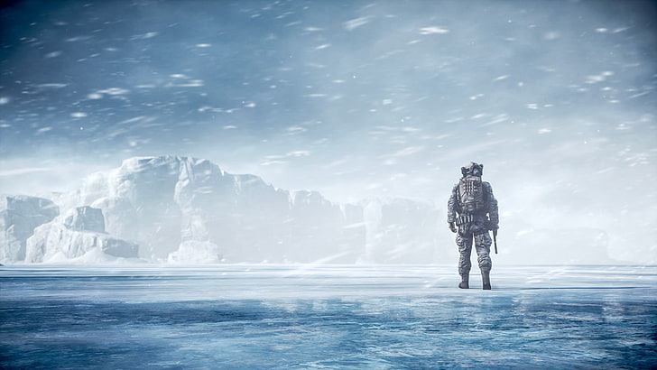 Battlefield, Battlefield 4, artwork, video games, cyan, ice, snowing, soldier, iceberg, bright, HD wallpaper