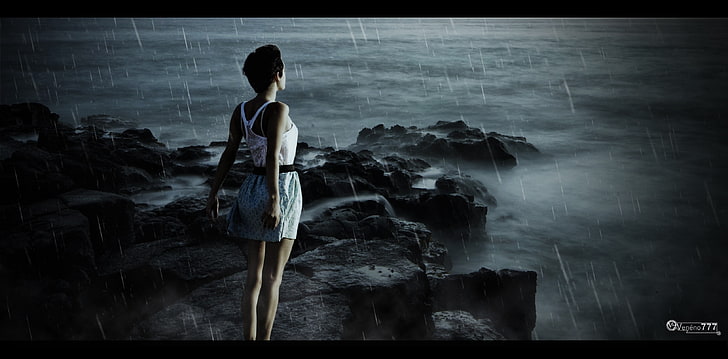 женщины, море, дождь, серый, фото манипуляции, эмоции, скалы, фотошоп, природа, смерть, HD обои