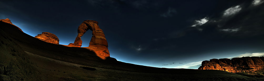 Arch Rock Night, National Park, Utah, Nature, Landscape, Night, Rock, Arch, Panoramic, HD wallpaper HD wallpaper