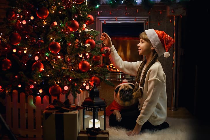 настроение, подарок, собака, Рождество, девочка, фонарь, мопс, Новый год, ёлка, колпак, косички, Георгий Бондаренко, HD обои