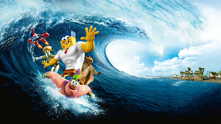 Meilleurs films d'animation de 2015, Antonio Banderas, M. Krabs, Tom Kenny, dessin animé, océan, vague, film, mer, Patrick Star, Squidward Tentacles, The SpongeBob Movie: Sponge Out of Water, water, film, Fond d'écran HD