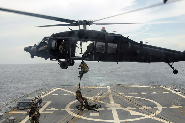 black and gray compound bow, Sikorsky UH-60 Black Hawk, sea, soldier, military, vehicle, HD wallpaper