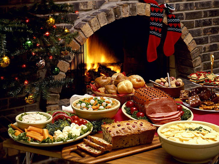 navidad, chimenea, mesa festiva, fuego, colocación, navidad, chimenea, mesa festiva, fuego, colocación, Fondo de pantalla HD
