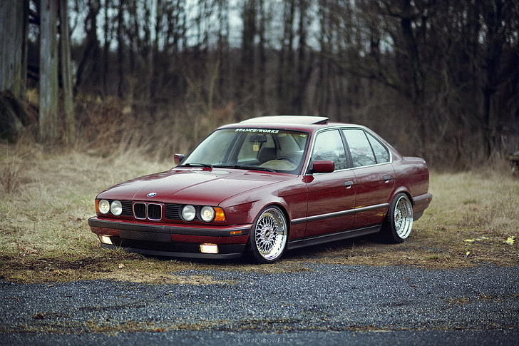 червен BMW седан, bmw, bbs, E34, стойка, HD тапет