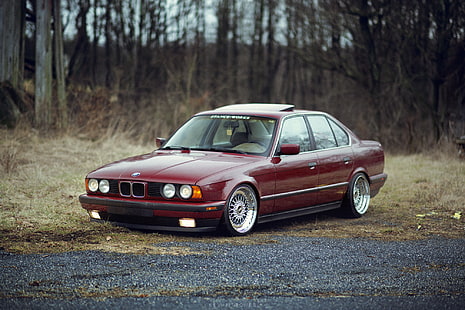 รถเก๋ง BMW สีแดง, bmw, bbs, E34, ท่าทาง, วอลล์เปเปอร์ HD HD wallpaper