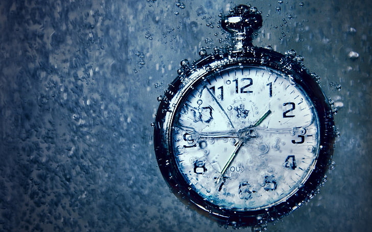silver-colored pocket watch, hours, water, drops, under water, HD wallpaper