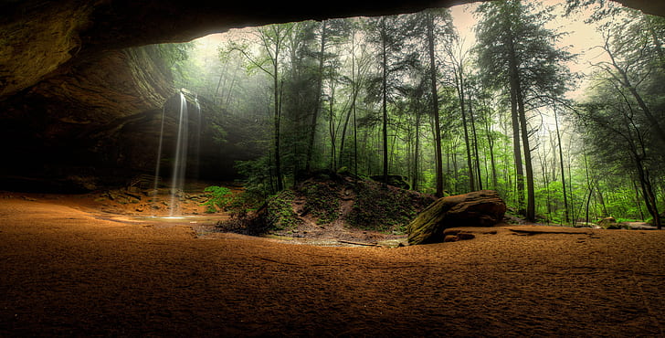 skog, sten, vattenfall, panorama, grottan, HD tapet