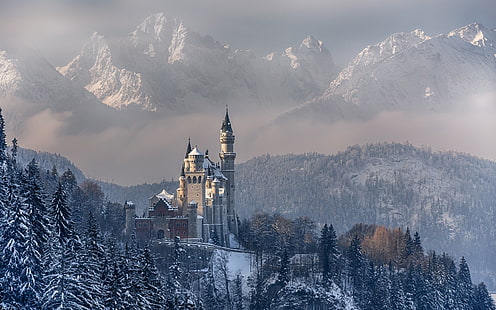 замък до покрита със сняг планина, природа, пейзаж, планини, гора, дървета, зима, сняг, замък, сграда, Германия, Нойшванщайн, HD тапет HD wallpaper
